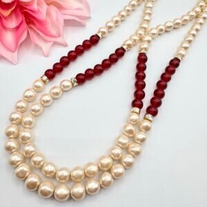 Vintage Faux Pearl Ivory Red Lucite Bead Double Strand Necklace Classic Romantic